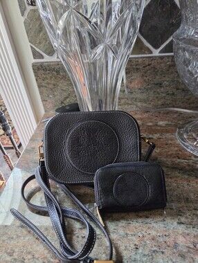 Tory Burch Black Leather Crossbody Bag and Zip Coin Wallet Set